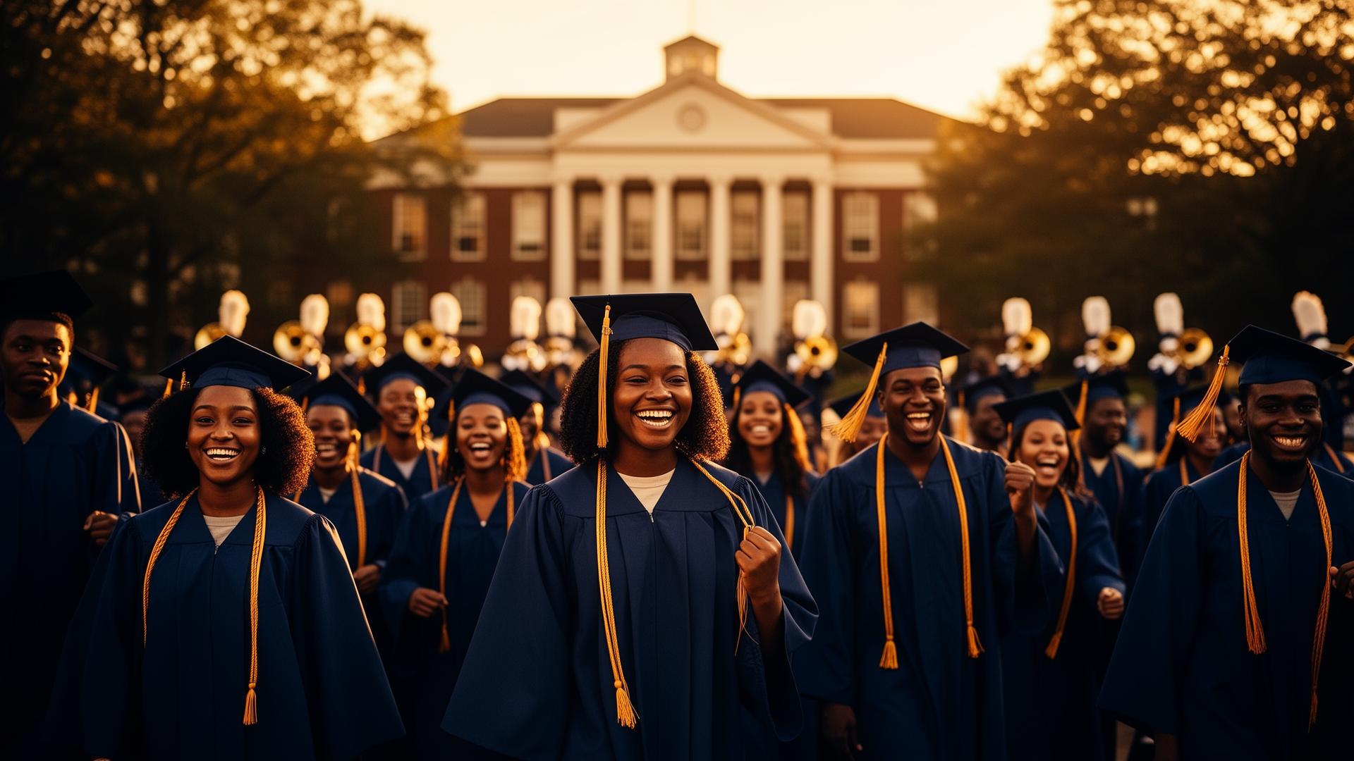 HBCU graduates celebrating at golden hour